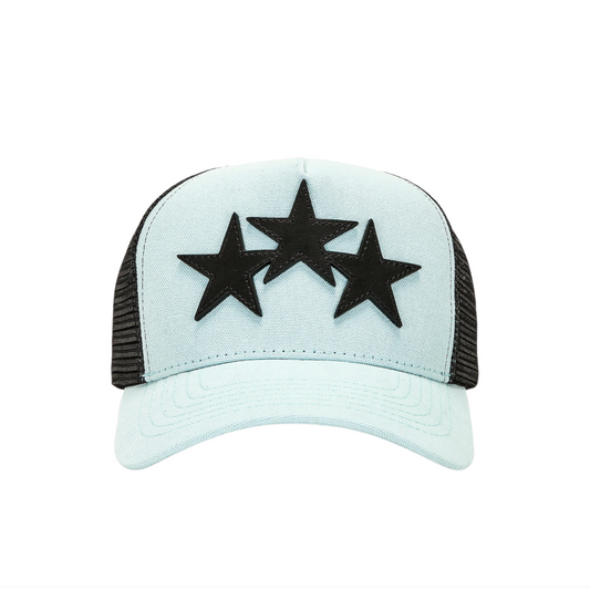 Amiri Three Star Trucker Hat in Black & Carolina Blue